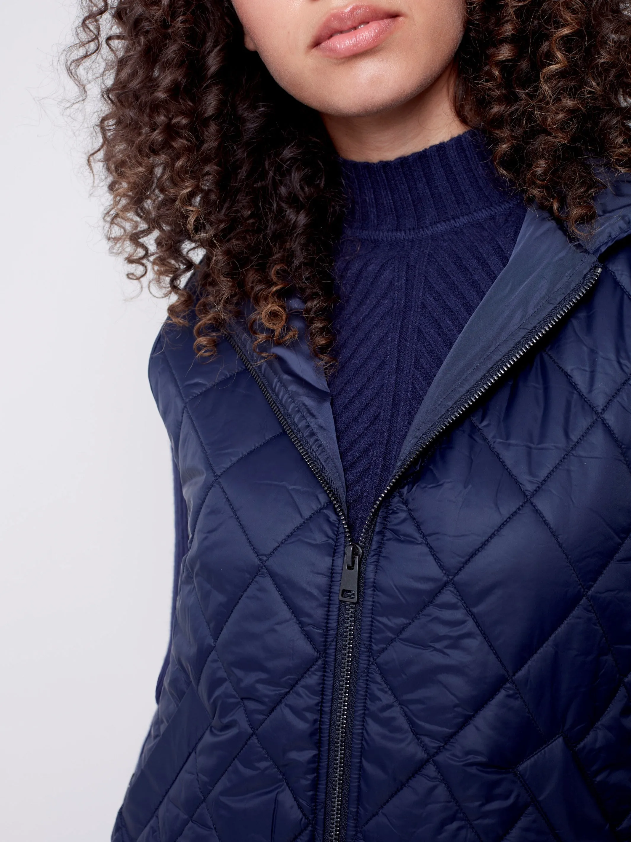 Quilted Puffer Vest with Hood - Navy