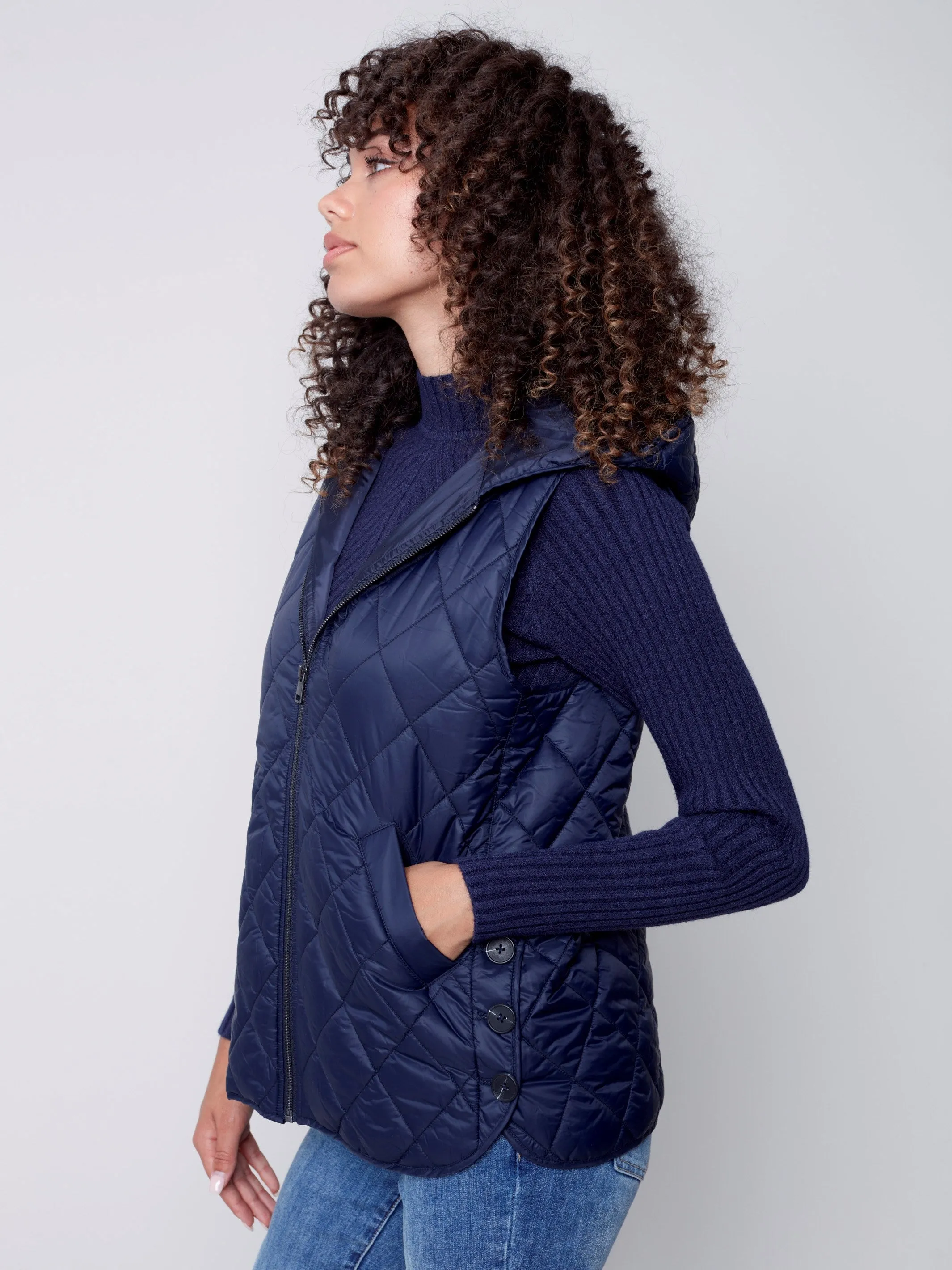 Quilted Puffer Vest with Hood - Navy