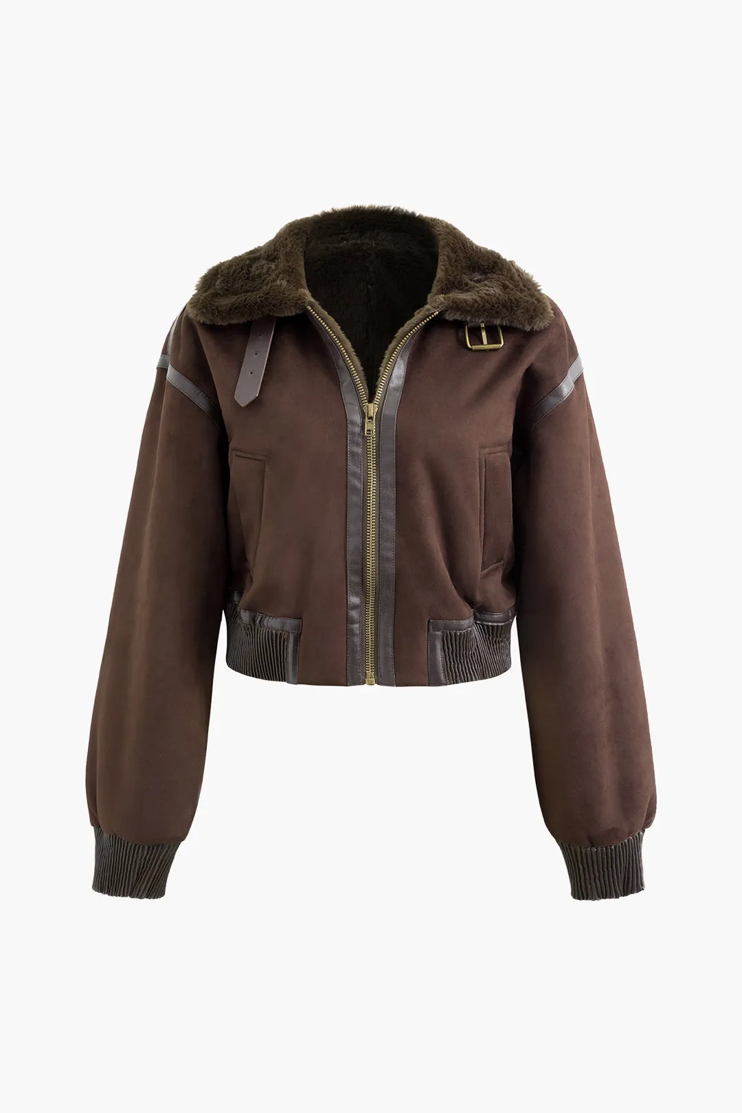 Suede Zip-Up Buckle Fur Ceket