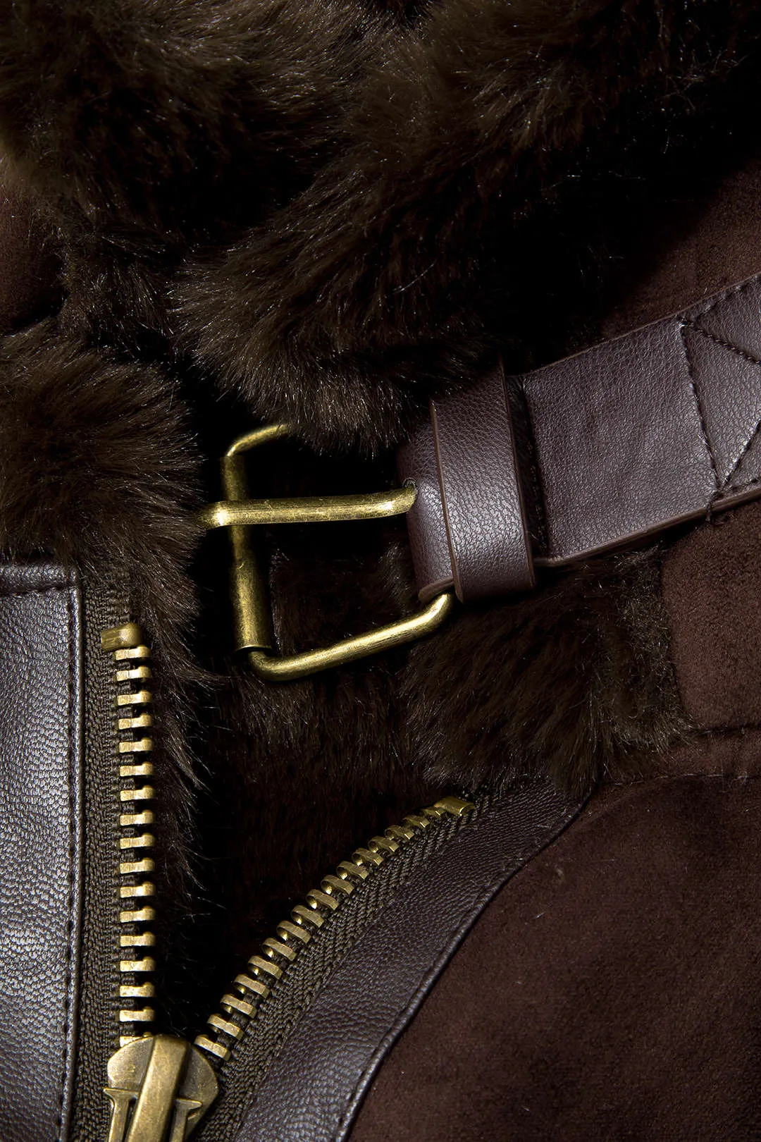Suede Zip-Up Buckle Fur Ceket