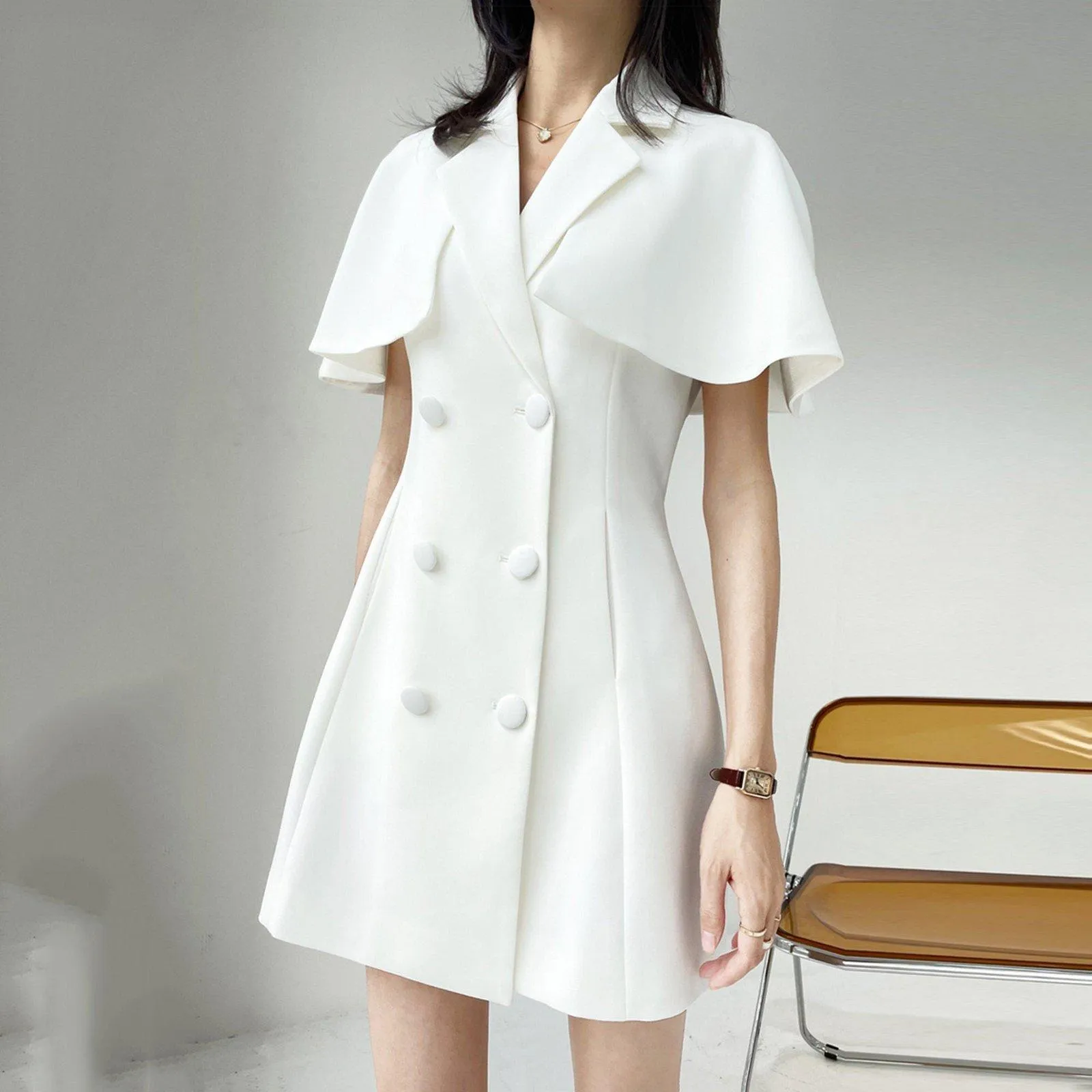 White Cap Sleeve Double Breasted Midi Dress