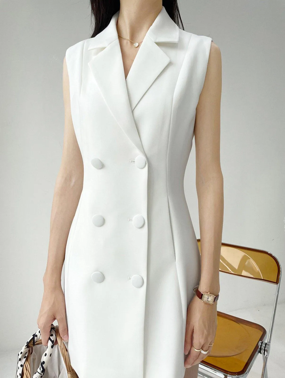 White Cap Sleeve Double Breasted Midi Dress