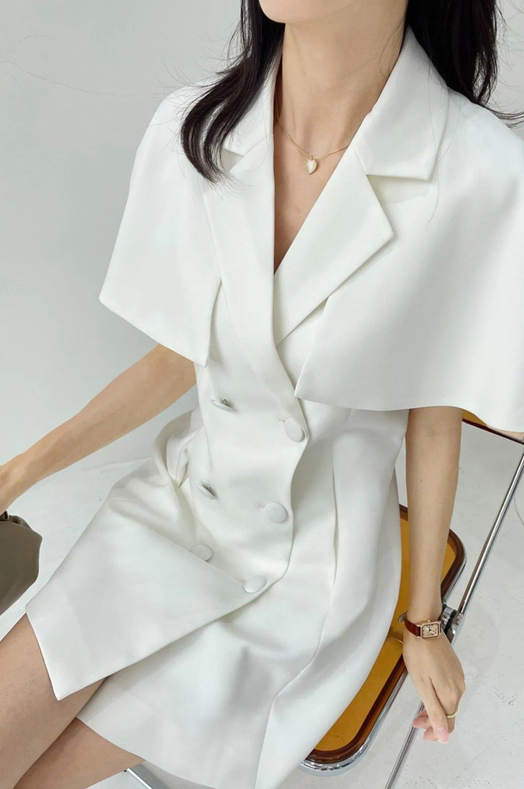 White Cap Sleeve Double Breasted Midi Dress