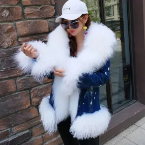 Women's Winter Casual Thick Denim Hooded Parka With Sheep Fur
