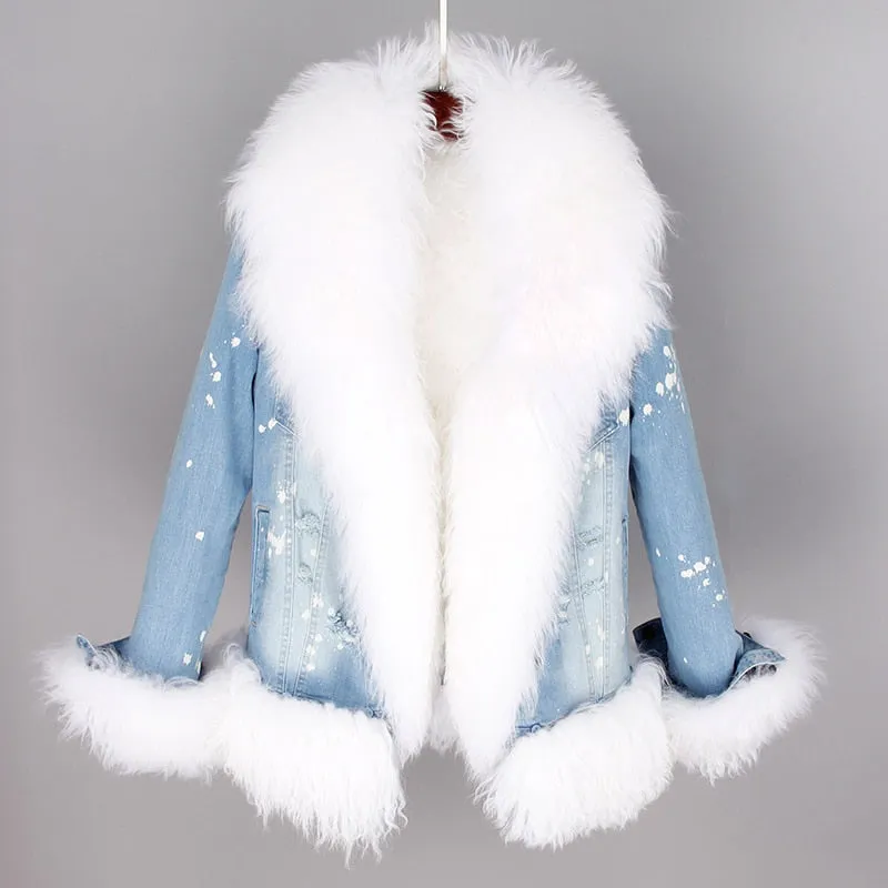 Women's Winter Casual Thick Denim Hooded Parka With Sheep Fur
